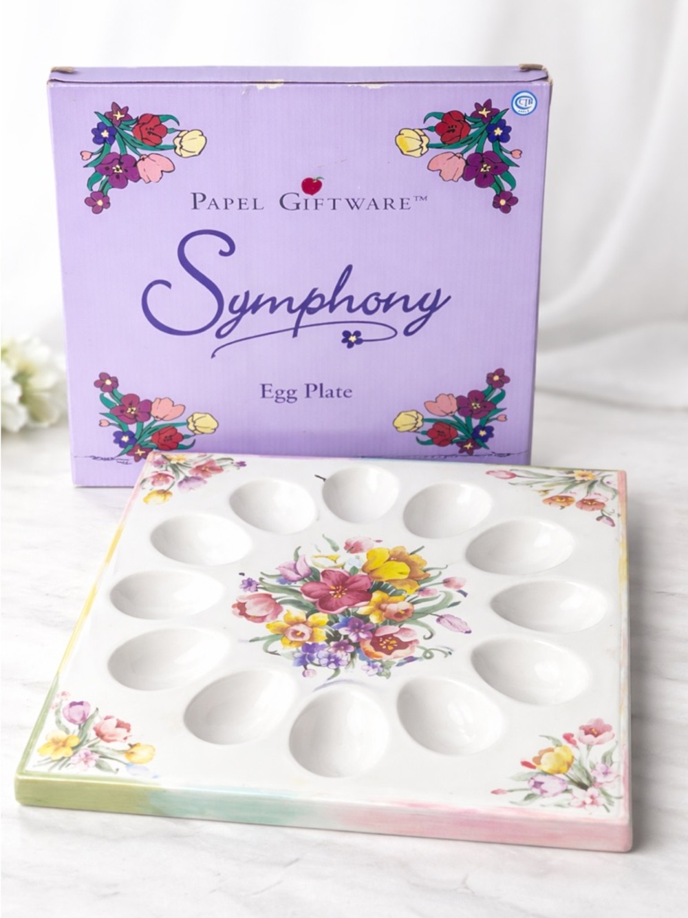 Papel Giftware Symphony Deviled Egg Plate Floral Serving Tray w Box 10.5”